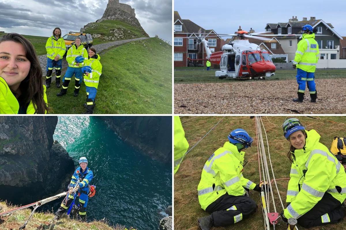 A collage of female coastguard rescue officers, either taking part in training or call outs